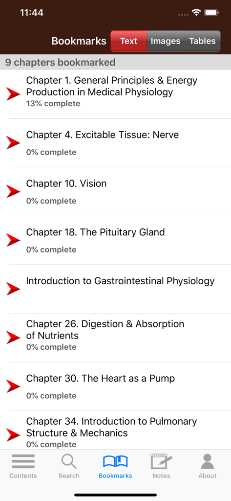 Ganong's Review Physiology 26E - Bookmarks screen in the Ganongs Review of Medical Physiology app showing a list of saved chapters and reading progress