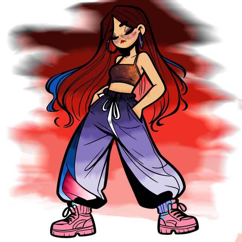 girl in baggy pants crop top and long hair