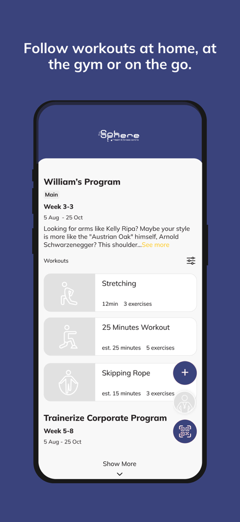 Sphere Fitness App - Panel de control de la aplicación Sphere Fitness que muestra un programa de entrenamiento personalizado que incluye ejercicios de estiramiento y saltar la cuerda