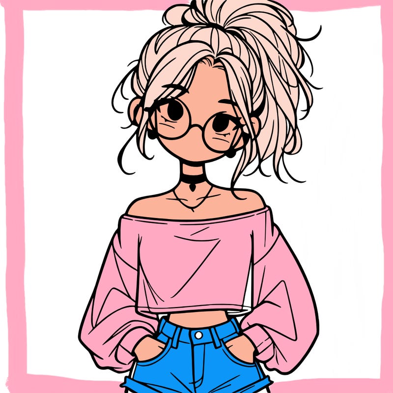 girl with a messy ponytail glasses a baggy crop top and jean shorts