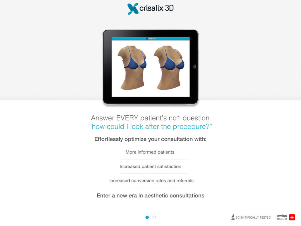 Aplicación Crisalix 3D en un iPad que muestra simulación de aumento de pecho para consultas médicas