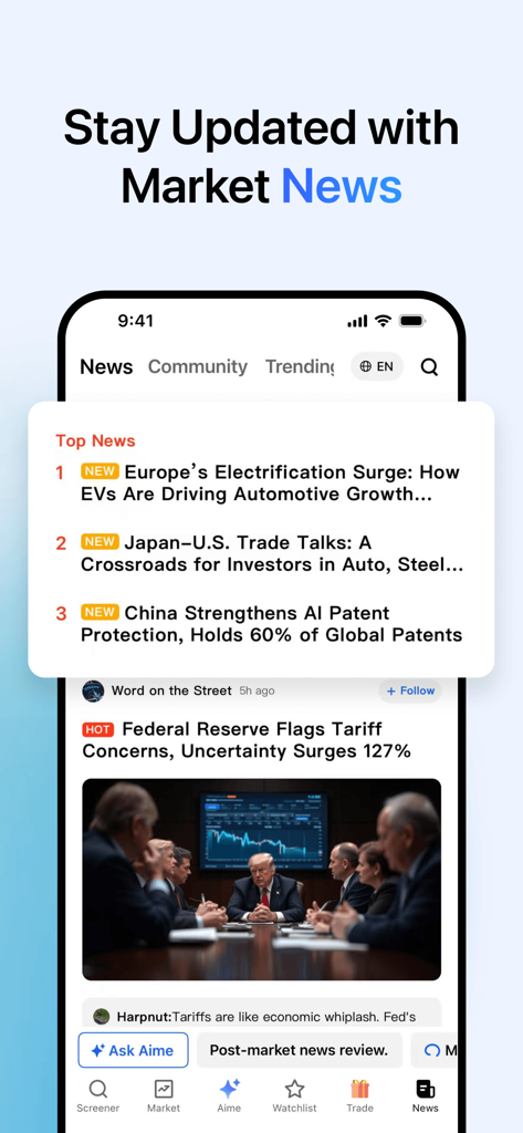 Stock Screener, AI Scanner - 最新の株市場ニュースとトップ金融ヘッドラインを表示する Ainvest アプリのインターフェース