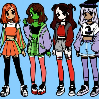 one girl with crop-top shirt and a jacket with a skirt, long socks and another girl with a shirt and pants with a jacket