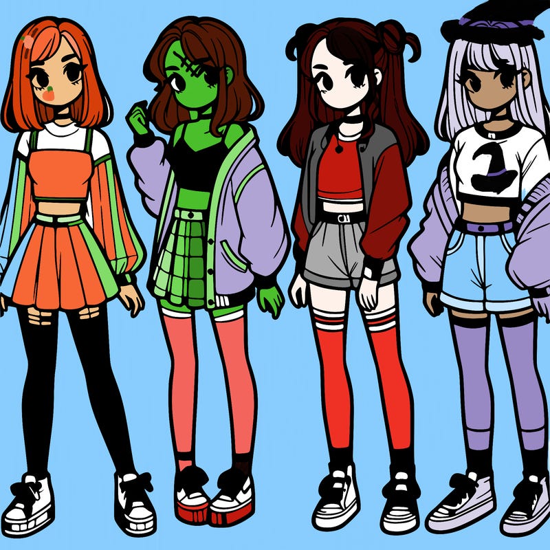 one girl with crop-top shirt and a jacket with a skirt, long socks and another girl with a shirt and pants with a jacket