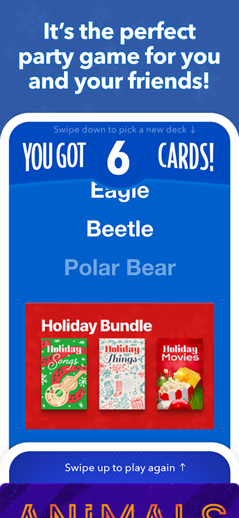 Bildschirm mit Ergebnissen des Heads Up Spiels, der erratene Wörter und Karten-Decks für Feiertage anzeigt