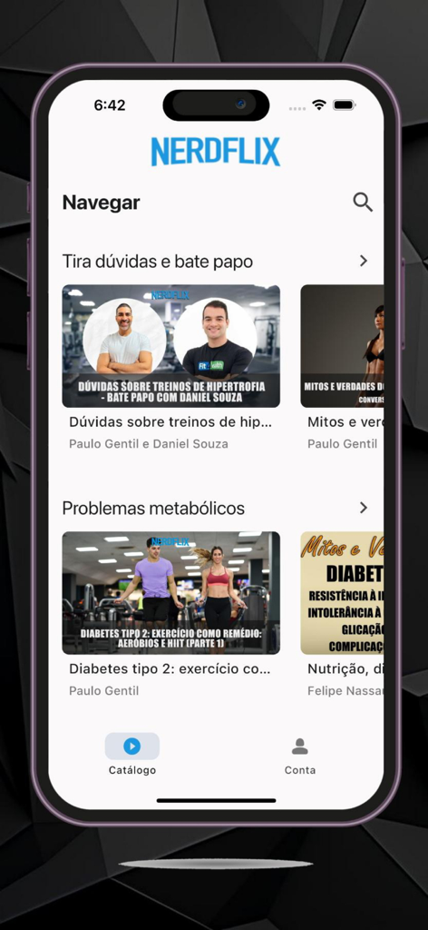 NERDFLIX - A mobile interface for the NERDFLIX app displaying categories of fitness and health video lessons.