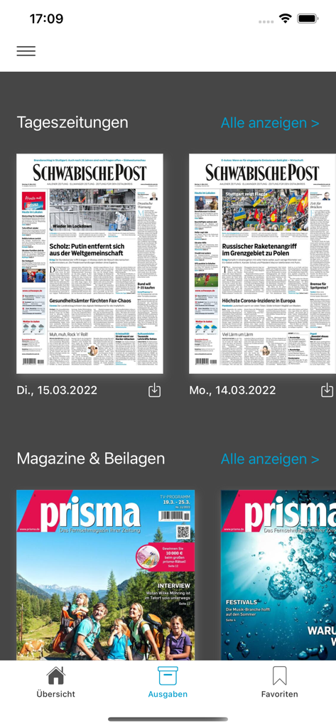 Schermo delle edizioni dell'app SchwäPo e Tagespost che mostra le copertine di giornali e riviste digitali