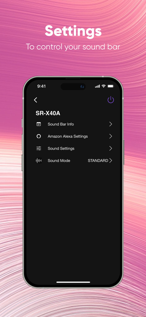 Sound Bar Controller - Settings menu in the Yamaha Sound Bar Controller app showing Alexa and sound mode options on a smartphone