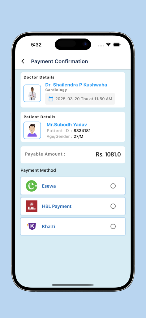 Norvic Care - Norvic Care app payment confirmation screen showing doctor and patient details with options for Esewa and Khalti payments