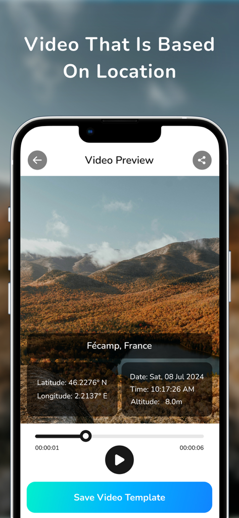 MapStamp - GPS Map Camera - Interface of MapStamp app showing a video preview with GPS location and timestamp watermarks