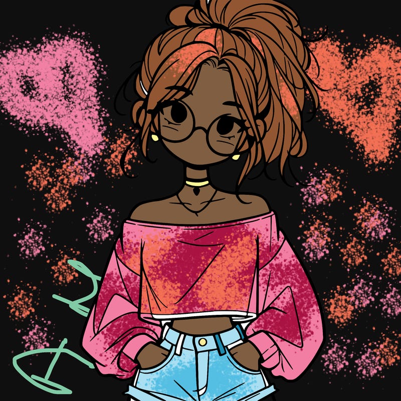 girl with a messy ponytail glasses a baggy crop top and jean shorts