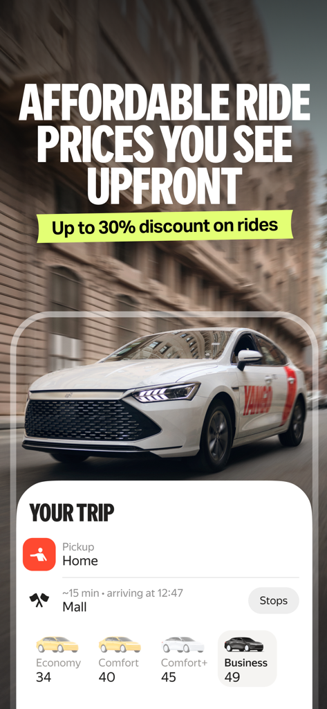 Yango app interface showing upfront ride prices for Economy Comfort and Business classes with a discount offer