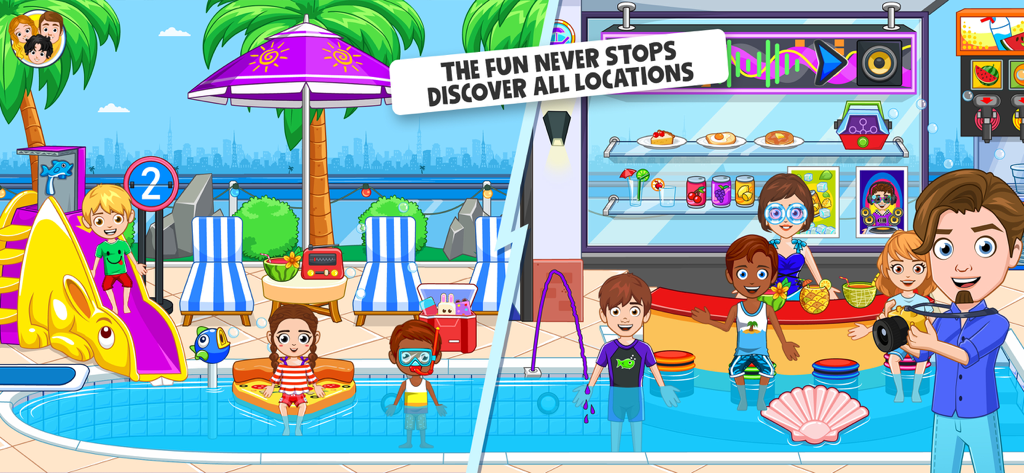 Cartoon characters playing in a rooftop swimming pool and snack bar at a hotel.