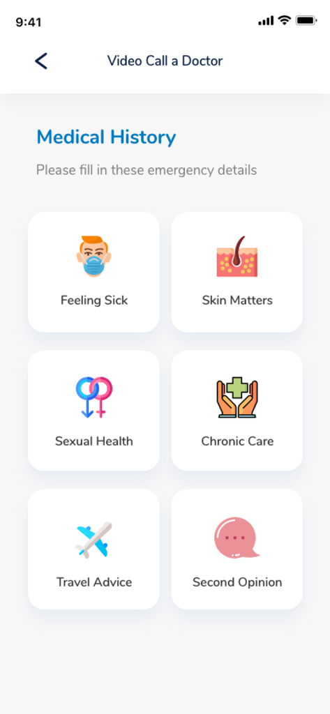 MHC BetterHealth app interface showing medical categories for video call consultations