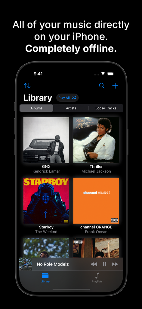 Sonora - Offline Music Player - Sonora app library view displaying offline music albums on an iPhone interface