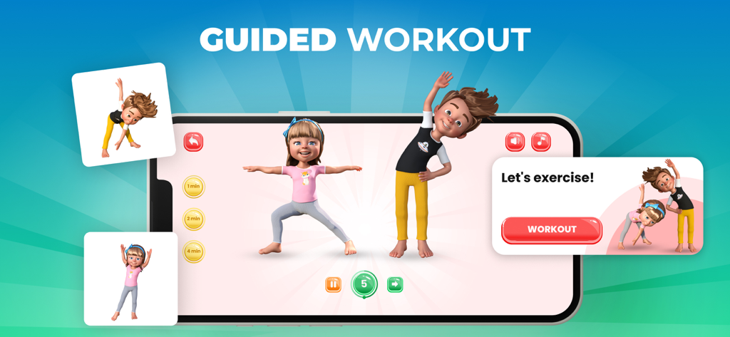 Interface de treino guiado com crianças animadas em 3D realizando exercícios de alongamento e ioga