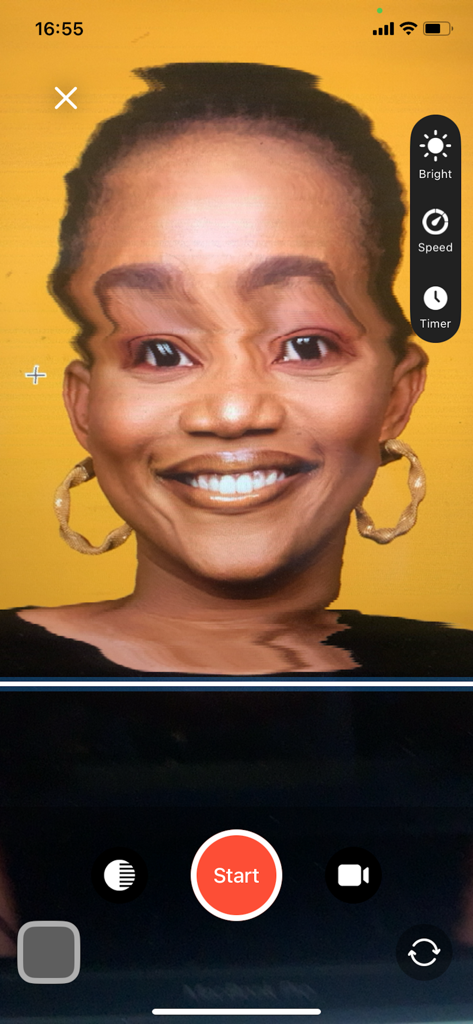A woman's face distorted with a wavy effect using the time warp scan filter on a bright yellow background.
