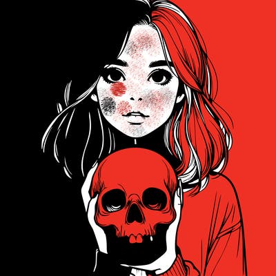 realistic girl holding a skull