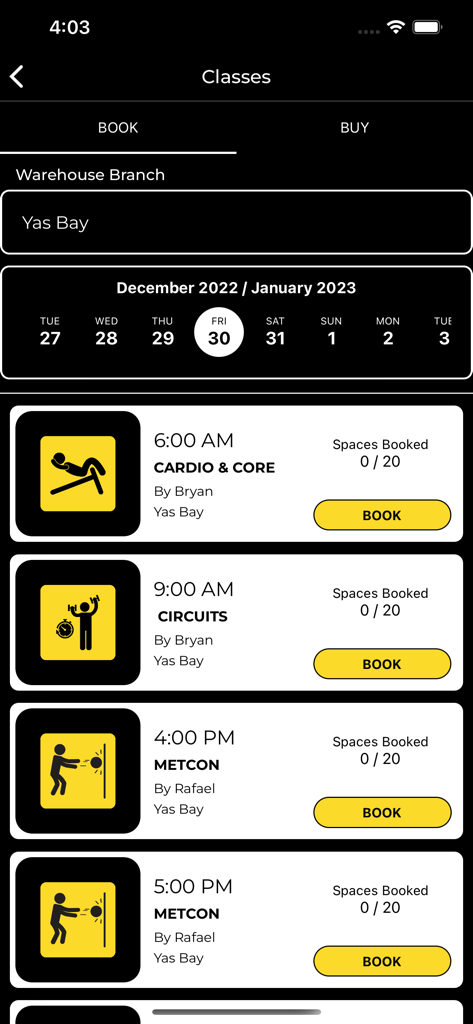Warehouse Gym - Pantalla de la app Warehouse Gym mostrando un horario de clases de fitness como cardio y circuitos con botones de reserva