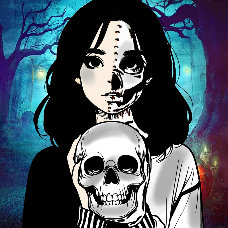realistic girl holding a skull