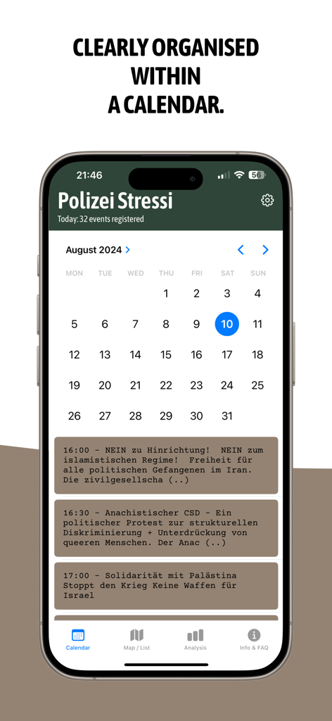 등록된 공개 집회 및 시위를 보여주는 Polizei Stressi 앱 캘린더.