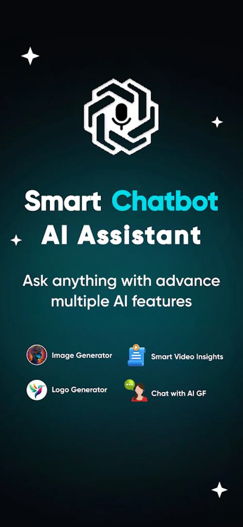 Smart Chatbot & AI Assistant - Welcome screen for the Smart Chatbot and AI Assistant app displaying features like image generator logo generator and video insights