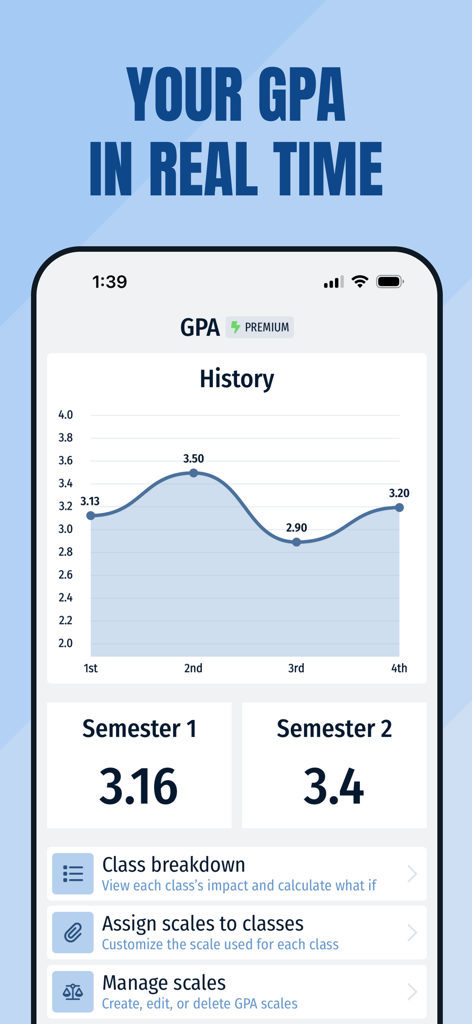 GradePro: Grades & GPA - Interface of GradePro app showing a GPA history chart and semester results
