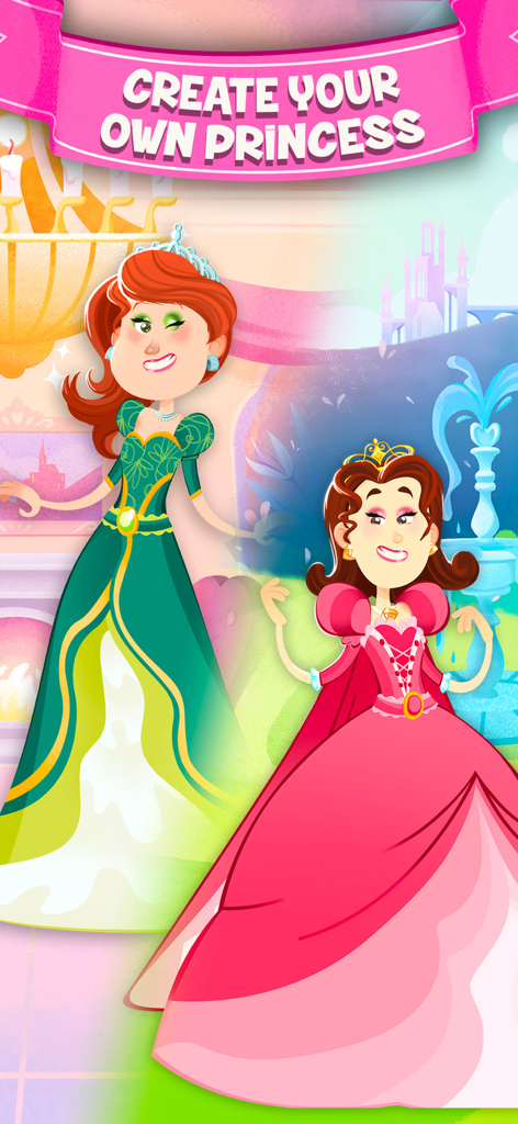 Dos princesas de dibujos animados con elegantes vestidos con el texto Crea tu Propia Princesa