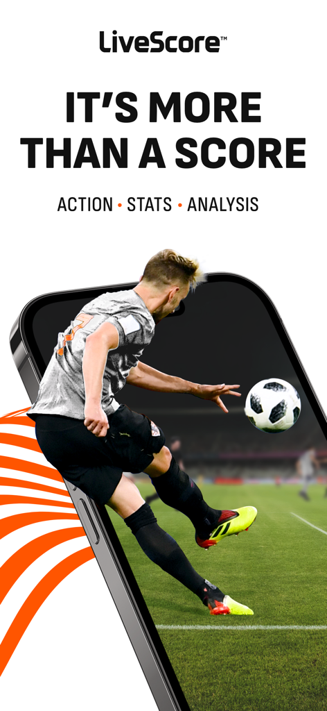LiveScore: Live Sports Scores - LiveScore 앱 스플래시 화면, 축구 선수와 '단순한 점수 이상'이라는 문구 포함