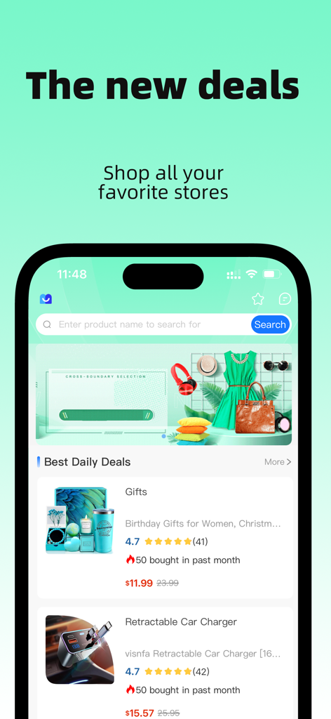 DealHurryUp - Screenshot of the DealHurryUp app interface showing the Best Daily Deals section with discounted products and a search bar.