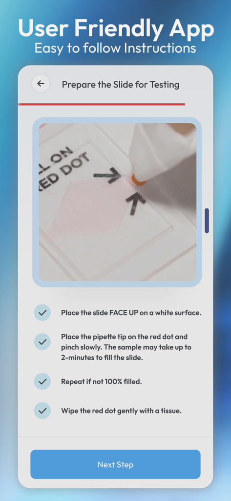 YO Home Sperm Test - A mobile app screen showing step-by-step instructions for preparing a sperm test slide with a pipette and a red dot indicator.