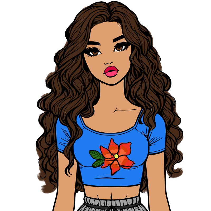 realistic girl with wavy hair and lips and crop top and skirt