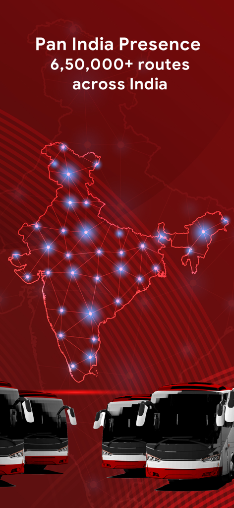 AbhiBus Bus Ticket Booking App - Map of India highlighting over 650,000 bus routes available through the AbhiBus travel app