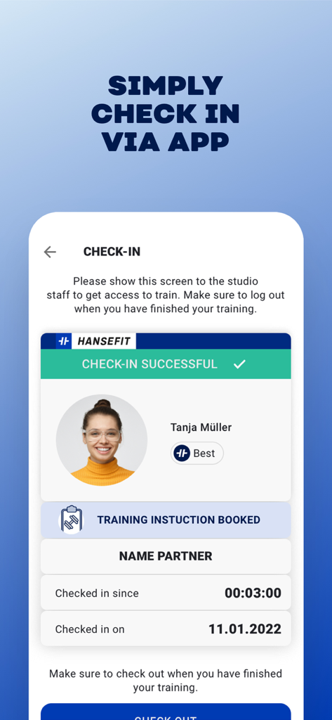 Hansefit - Hansefit app interface displaying a successful check-in for a fitness session