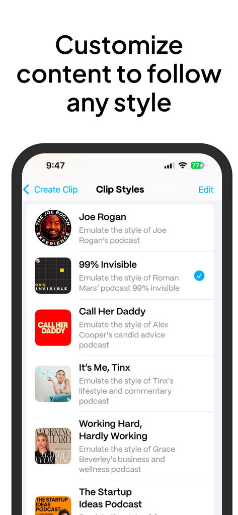 Clippit: AI Text To Speech - The Clippit app interface displaying various podcast style options for converting text to audio.