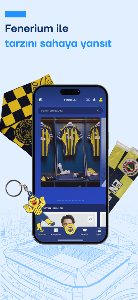Fenerbahçe SK - Fenerium official store interface in the Fenerbahce SK Super App showing football jerseys and fan accessories