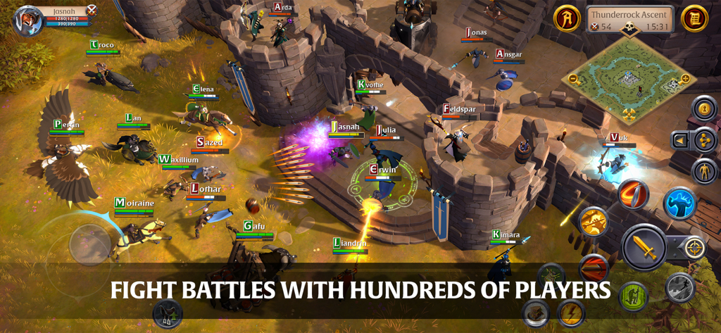 Albion Online - A massive guild battle in Albion Online featuring many players and mounts attacking a stone fortress.