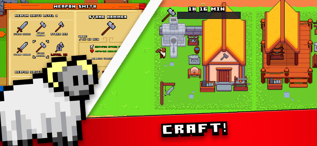 Pixel Tribe - Interfaz de arte pixelado que muestra la creación de armas y la construcción de aldeas en Pixel Tribe Viking Kingdom.