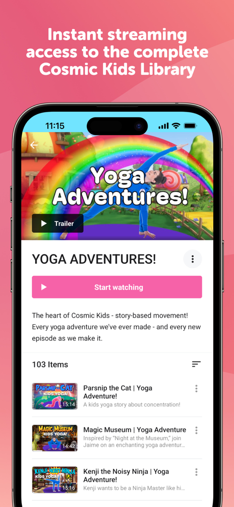 Cosmic Kids Yoga - Cosmic Kids Yoga app interface displaying the yoga adventures video library for children