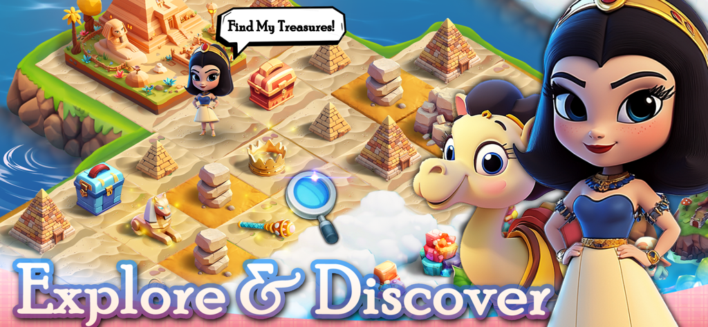 Merge Isle: Magic Princess - Gameplay showing a princess exploring an Egyptian desert island with pyramids and hidden treasures