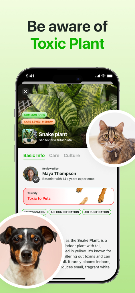 Plant Identifier & Care App - Pantalla de la aplicación Botan que muestra una advertencia de planta tóxica para una planta serpiente con iconos de gato y perro