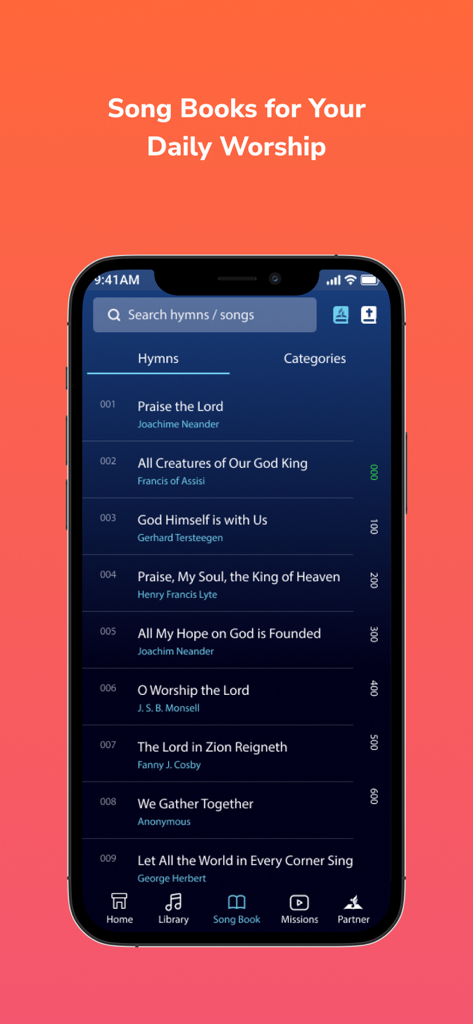 MusicVerse - MusicVerse mobile app showing a list of sacred hymns and song books for worship