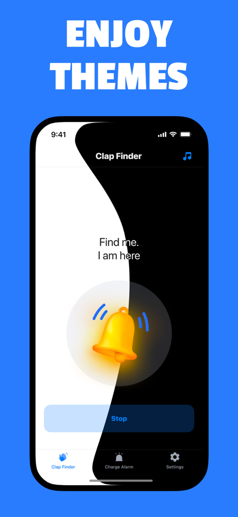 Interfaz de la aplicación Find My Phone mostrando un tema en blanco y negro para la función de búsqueda por aplauso con un icono de campana dorada sonando