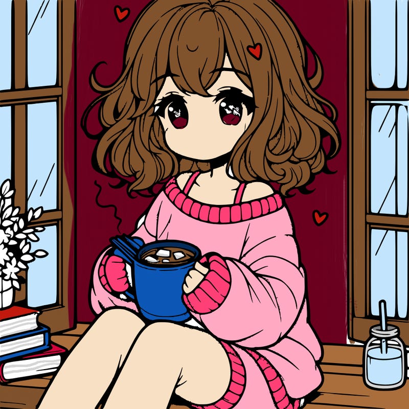cute anime girl reading book and drinking hot chocolate from mug with loose wavy hair wearing a baggy sweatshirt and shorts sitting by windowsill looking out