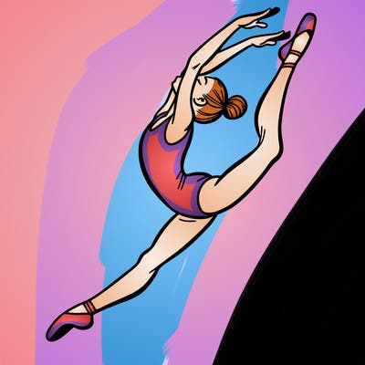 gymnast doing a leap in a leotard with a bent back leg