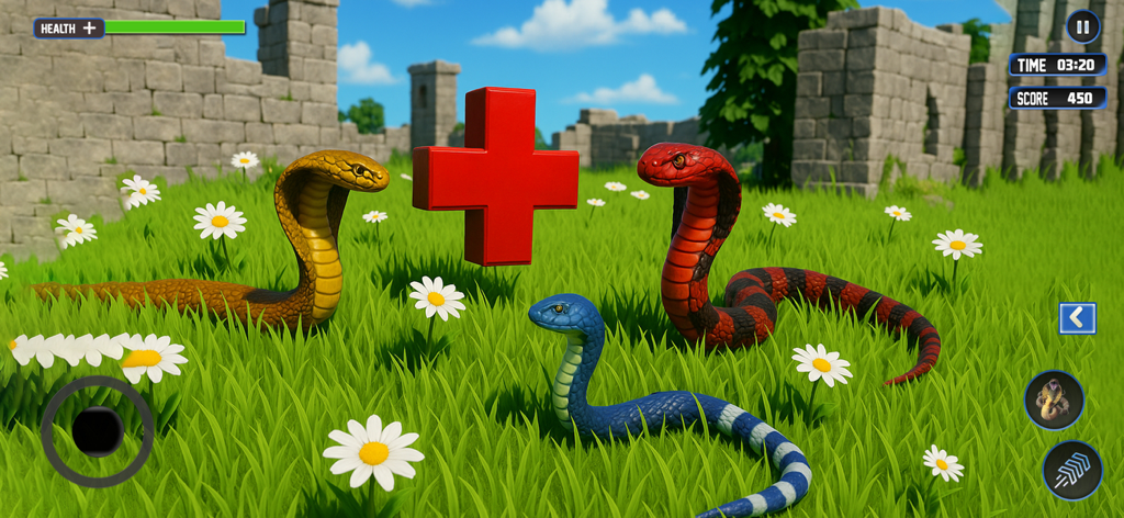Wild Life Snake Simulator - Three different colored cobra snakes and a health power up in a green field