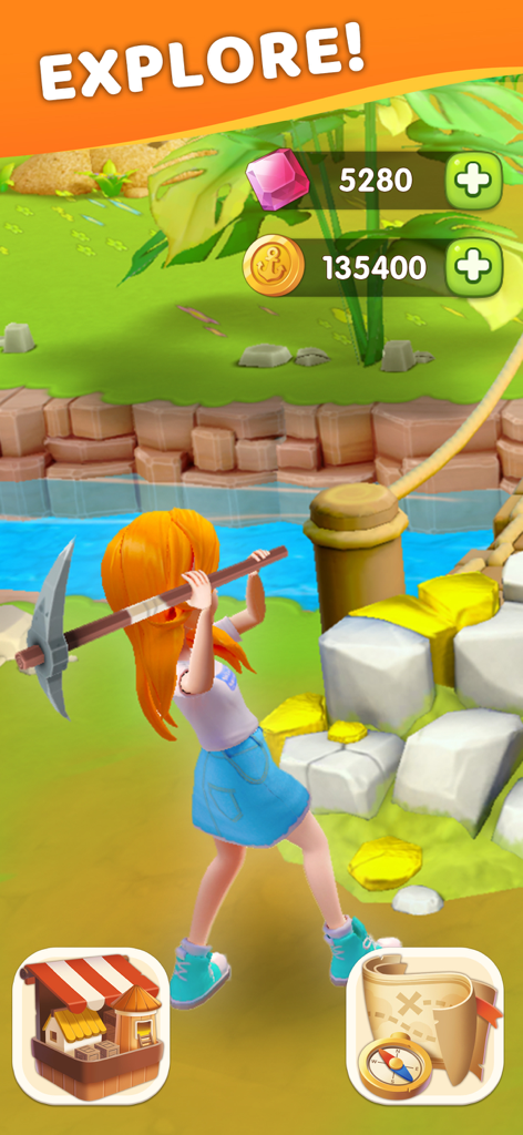 オレンジ色の髪のキャラクターが、川のある熱帯の島の白い岩をピッケルで採掘している様子。