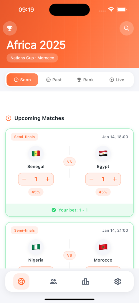 GoBet - GoBet app interface showing upcoming football matches for the Africa 2025 Nations Cup with options to predict scores for Senegal vs Egypt and Nigeria vs Morocco