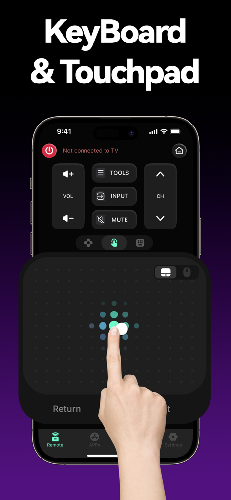 Universal Remote™ -TV Control - A hand using the touchpad interface on an iPhone for the Universal Remote TV Control app