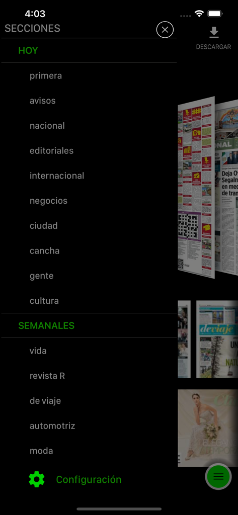 REFORMA (autodescargable) - Navigation menu of the Reforma app showing daily and weekly news sections like national news business and culture
